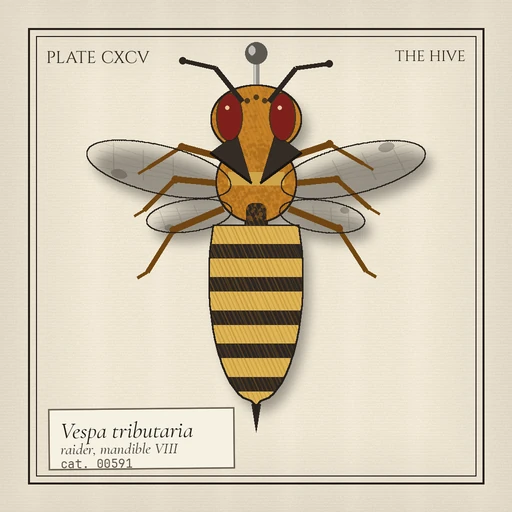 Specimen plate of a hornet, pinned and labelled Vespa, with heavy mandibles.